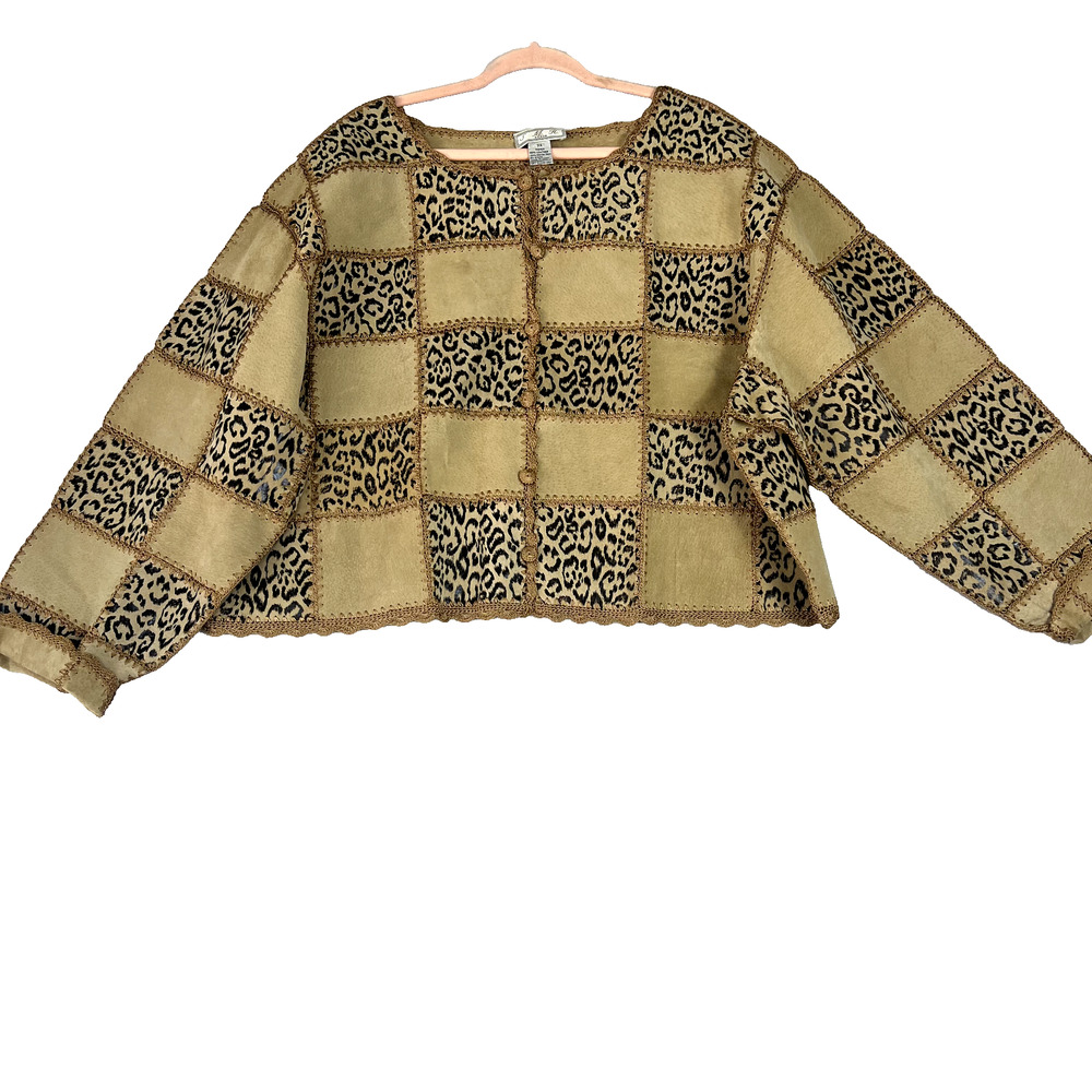 S.M.H. Boutique Jacket Women 3X Patchwork Tan Leather Crochet Animal print